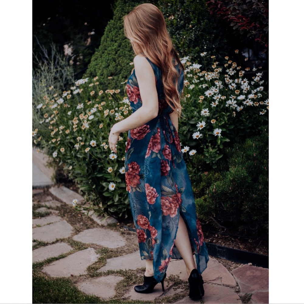 Prussian-Blue Sheer Floral Dress